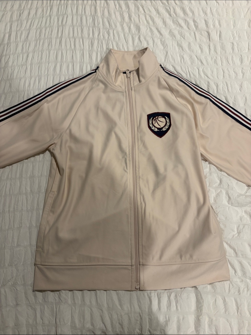 Boys Place Cream Varsity-Style Track Jacket with Navy Stripe Accents